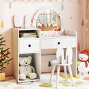 Kids vanity desk with colorful lights and shatterproof mirror, featuring storage compartments and a bunny ear chair.