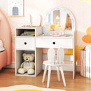 Kids vanity desk with colorful lights and bunny ear chair, showcasing a stylish design for organized play and daily.