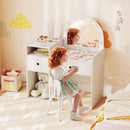 Kids vanity desk with colorful lights and shatterproof mirror, featuring storage and a bunny ear chair for imaginative.