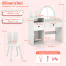 Kids vanity desk with colorful lights and shatterproof mirror, featuring storage compartments and a bunny ear chair for.