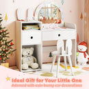 Kids vanity desk with colorful lights and bunny ear chair, perfect for imaginative play and organized storage.