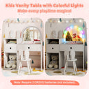 Kids vanity desk with colorful lights and shatterproof mirror, perfect for imaginative play and organizing toys.