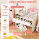 Kids vanity desk with colorful lights and large storage compartments for organizing toys, books, and accessories.