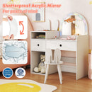 Kids vanity desk with colorful lighted mirror, shatterproof acrylic, and spacious storage for toys and accessories.