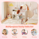 Kids vanity desk with colorful lights and shatterproof mirror, perfect for dress-up, reading, and imaginative play.