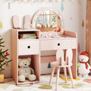 Kids vanity desk with lighted mirror and bunny ears chair in pink, perfect for imaginative play and organized storage.
