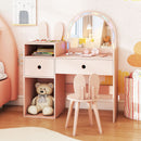 Kids vanity desk with colorful lights and shatterproof mirror, featuring storage and a bunny ear chair for imaginative.