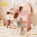 Kids vanity desk in pink with colorful lights and bunny ears, featuring a shatterproof mirror and ample storage for.