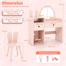 Kids vanity desk with colorful lights and shatterproof mirror, featuring storage compartments and bunny ear chair for.