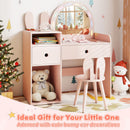 Kids vanity desk with colorful lights and bunny ear chair, perfect for imaginative play and organized storage.