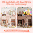 Kids vanity desk with colorful lights and shatterproof mirror, perfect for imaginative play and organizing toys in pink.