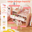 Kids vanity desk with colorful lights, large storage compartments, and a shatterproof mirror for imaginative play.