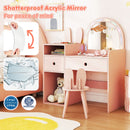 Kids vanity desk in pink with colorful lighted mirror, shatterproof acrylic, and ample storage for toys and accessories.