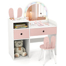 Kids vanity desk with colorful lights and shatterproof mirror, featuring storage compartments and a bunny ear chair for imaginative play.