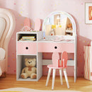 Kids vanity desk in pink and white with colorful lights and a spacious tabletop for organizing toys and accessories.