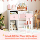 Kids vanity desk with colorful lights and shatterproof mirror, featuring bunny ear decorations for imaginative play.