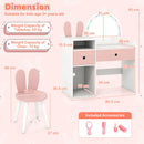 Kids vanity desk with colorful lights and shatterproof mirror, featuring ample storage and a bunny ear chair for imaginative play.