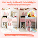 Kids vanity desk with colorful lights and shatterproof mirror, featuring ample storage for toys and accessories.