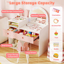 Kids vanity desk in pink and white with colorful lights, large storage capacity, and a shatterproof mirror for imaginative play.