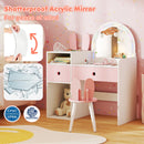 Kids vanity desk with colorful lights and shatterproof acrylic mirror for safe, imaginative play and organized storage.