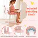 Kids vanity desk with lighted mirror and matching chair featuring a bunny ear-shaped backrest for imaginative play.