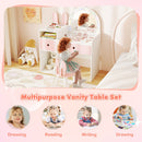Kids vanity desk with colorful lights and shatterproof mirror, perfect for dress-up, reading, and imaginative play.