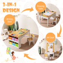 Kids Table and Chairs Set, 2 in 1 Wooden Art Table & Easel Set for Children with 2 Chairs, 6 Storage Bins