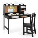 Kids Study Desk and Chair Set Wooden Writing Table with Cork Board and Drawer - Black