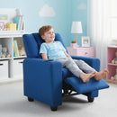 Blue velvet fabric toddler recliner with adjustable backrest and footrest, perfect for playtime and relaxation.
