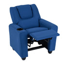 Blue velvet fabric toddler recliner with adjustable backrest, cup holder, and retractable footrest for comfort.
