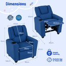Blue velvet fabric toddler sofa with adjustable backrest and cup holder, designed for comfort and relaxation.