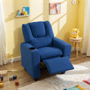 Blue velvet fabric toddler recliner with adjustable backrest and footrest, featuring a built-in cup holder for comfort.