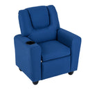 Blue velvet fabric toddler recliner with adjustable backrest and cup holder, perfect for playtime and relaxation.