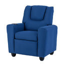 Blue velvet toddler recliner side view showcasing the ergonomic design, wide armrests, and soft, supportive seating.