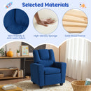 Blue velvet fabric toddler sofa with adjustable backrest, solid wood frame, and built-in cup holder for comfort and.