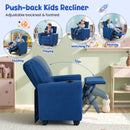 Blue velvet push-back kids recliner with adjustable backrest and footrest, perfect for reading, playing, or relaxing.