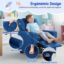 Blue velvet toddler sofa with adjustable backrest, wide armrests, and retractable footrest for optimal comfort.