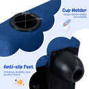 Close-up of the blue velvet toddler sofa's cup holder and anti-slip feet, designed for stability and convenience.