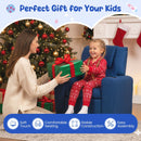 Blue velvet fabric toddler sofa with adjustable backrest, cup holder, and soft seating for kids' comfort and playtime.