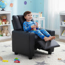 Toddler reclining chair in black velvet with adjustable backrest and footrest, perfect for playtime and relaxation.