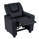 Black velvet toddler recliner with adjustable backrest and retractable footrest, featuring a built-in cup holder for.