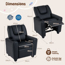 Black velvet toddler sofa with adjustable backrest and retractable footrest, featuring a cup holder for convenience.