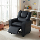 Black velvet fabric toddler recliner with adjustable backrest and retractable footrest, perfect for playtime and.