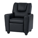 Black toddler recliner sofa with push-back mechanism, cup holder, and soft velvet fabric for comfort and durability.