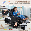 Toddler sofa with adjustable backrest, retractable footrest, and cup holder in soft black velvet for cozy relaxation.
