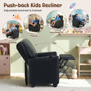 Black velvet push-back kids recliner with adjustable backrest and footrest, perfect for reading, playing, or relaxing.