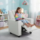 Kids recliner in white velvet fabric with adjustable backrest and footrest, perfect for playtime and relaxation.