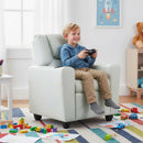 Toddler sofa in grey velvet fabric with adjustable backrest, cup holder, and ergonomic design for comfort during.
