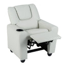 Toddler recliner in grey velvet fabric with adjustable backrest, retractable footrest, and built-in cup holder for.