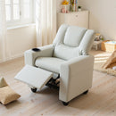 Toddler recliner in grey velvet fabric with adjustable backrest and retractable footrest for comfortable playtime.